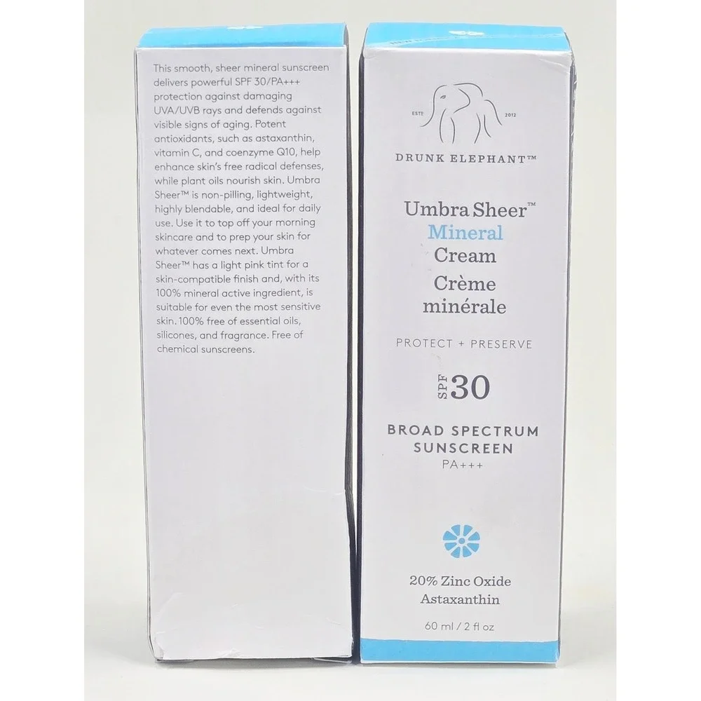 Drunk Elephant Umbra Sheer Mineral Cream 2oz 60ml SPF 30 NEW 2-Pack Sunscreen